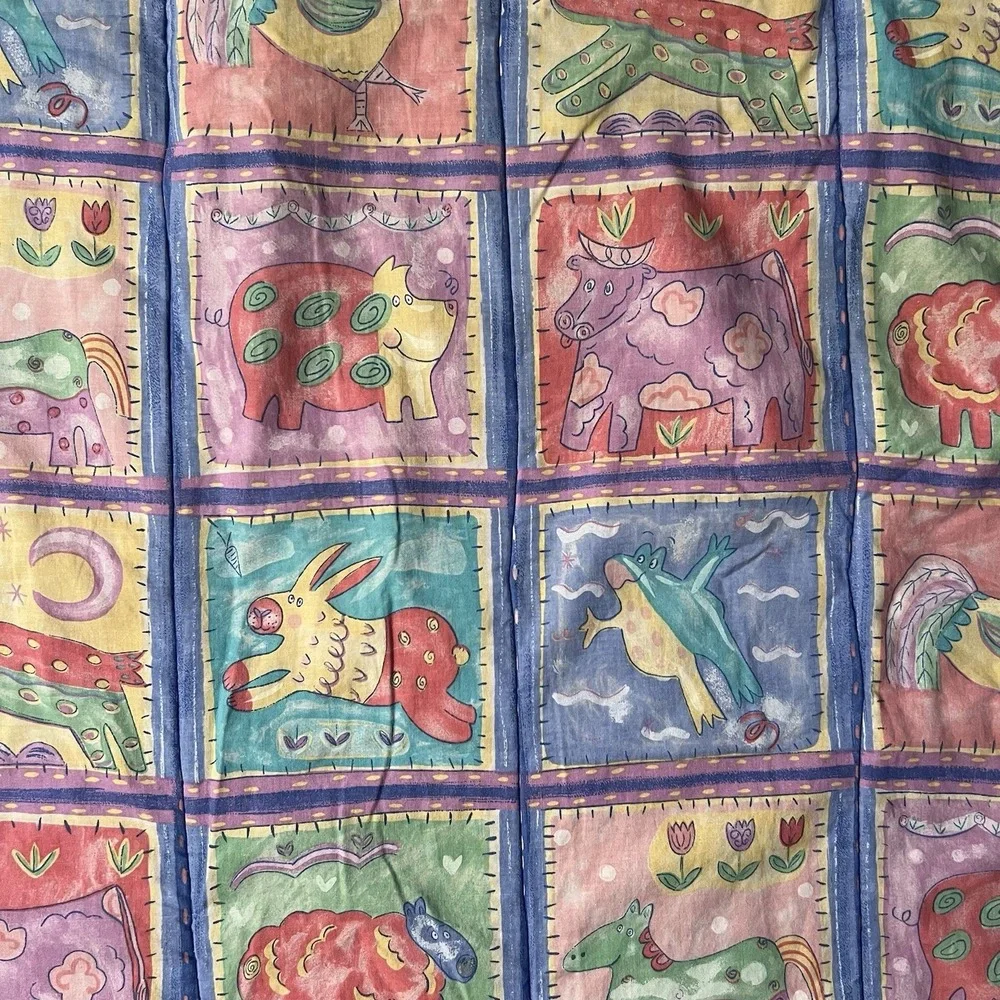 Vtg Concord Fabric Blanket Farm Animal 41x43 Kessler Crib Quilt 90s Y2K Folk Art